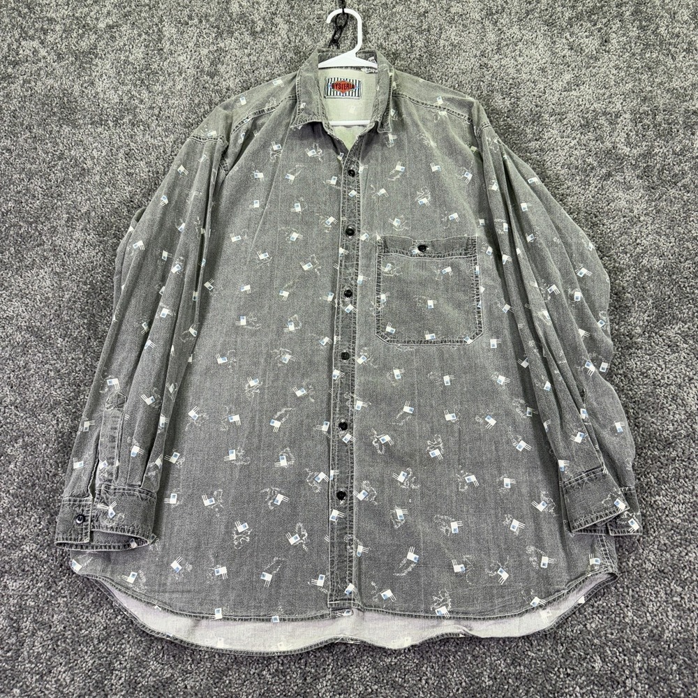 Vintage Hysteria Shirt Mens XL Gray Long Sleeve Button Up 90s Casual Pocket